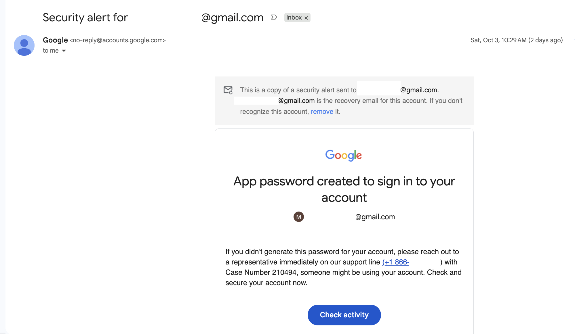 Notification from Gmail of Phishing Exploit